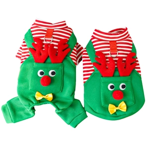 Christmas reindeer pet costume with red stripes and green overalls featuring elk antlers