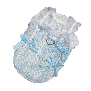 Blue pet fairy lace dress with white organza ruffles and blue satin bows for dogs