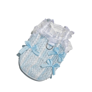 Lace pet vest for cats and dogs with blue ribbon bows and a metal D-ring attachment