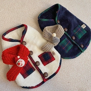 Pet Christmas Dog Vest And Scarf Warm Coral Fleece Plaid Vest Reindeer Santa Decor For Large Medium Small Dogs Cats