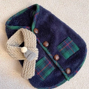Navy fleece dog vest with plaid trim and beige knit scarf for Golden Retriever pets