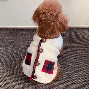Golden Retriever Christmas vest in white fleece with festive red and green plaid pockets