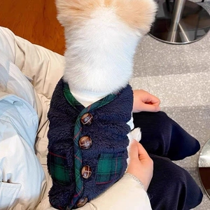 Detail of warm lamb wool pet vest with green plaid trim and vintage brown buttons