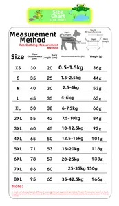 Detailed pet clothing size chart from XS to 8XL with neck and chest measurements
