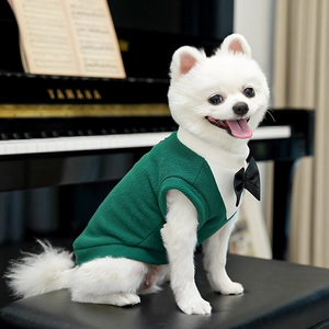 Dettaglio elegante gilet smoking verde scuro per cani con papillon e colletto