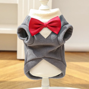 Detail of grey pet formal vest with red velvet bow tie and warm fleece lining for dogs