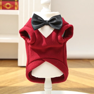 Detail of red fleece pet tuxedo vest with black satin bow tie for small dogs and cats