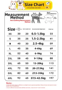 Detailed size chart for striped pet clothes ranging from XS to 6XL with measurements