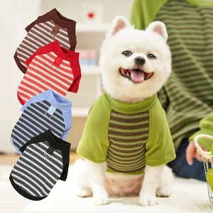 Striped pet cotton t-shirt for small dogs and cats featuring a metal D-ring for leash attachment