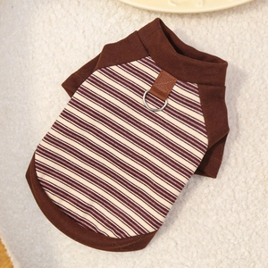 Detail of striped dog shirt featuring back webbing and D-ring on soft knit fabric