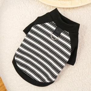 Detail of striped pet shirt with metal D-ring leash attachment on soft knit fabric