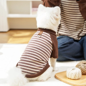 Detail of striped pet shirt with metal D-ring attachment for dog leash and leather patch
