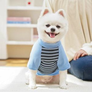 Close-up of blue striped cotton dog t-shirt fabric and crew neck design detail