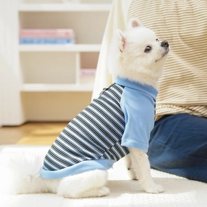Close-up of blue striped pet cotton T-shirt with breathable fabric and ribbed neckline