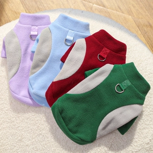 Winter fleece pet vests in four colors with integrated D-ring harness for small dogs and cats
