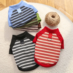 Detail of striped pet sweatshirt featuring a durable metal D-ring for leash attachment