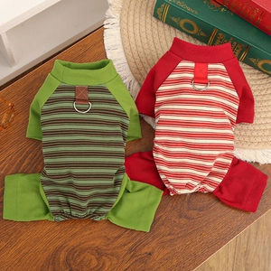 Striped pet pajamas with D-ring leash attachment for small dogs and cats
