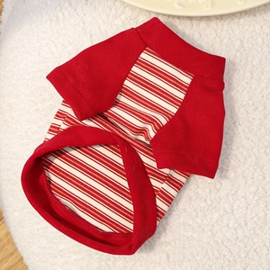Close-up of breathable red and white striped pet t-shirt with soft knitted cotton texture