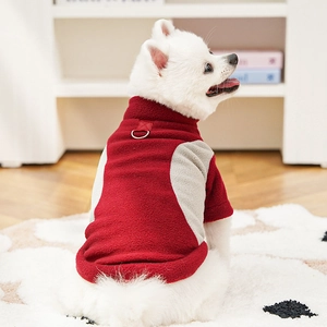 Fleece pet vest with red and grey contrast design and metal D-ring for leash attachment
