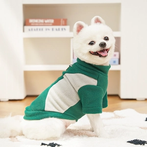 Detail of high collar color-block fleece pet hoodie for small dogs in winter