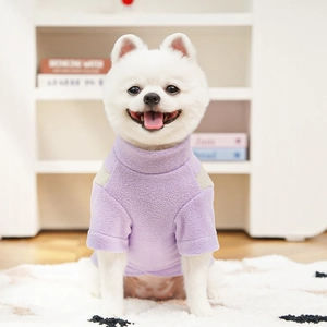 Detailed close-up of a purple fleece dog sweatshirt with soft texture on a white Pomeranian