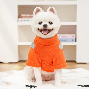 Detail of bright orange and grey fleece pet sweater on a small dog with high-neck design