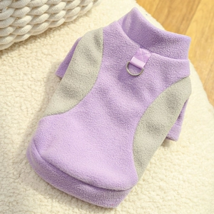 Detail of purple and gray fleece pet sweatshirt with built-in metal D-ring leash attachment