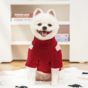 Detail of red fleece dog sweater with high collar and gray shoulder patch on Pomeranian