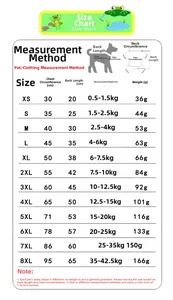 Detailed size chart for pet suits and dog tuxedos covering sizes XS to 8XL for various breeds