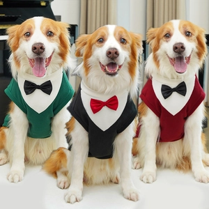 Pet Dog Tuxedo Suit Vest Warm Fleece Wedding Birthday Party Formal Clothes Gentleman Bowtie For Medium Large Dogs Cats