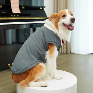 Detailed view of grey fleece pet vest with cream stand collar on a dog