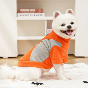 Detail of warm orange and grey fleece pet sweatshirt on a white Pomeranian dog