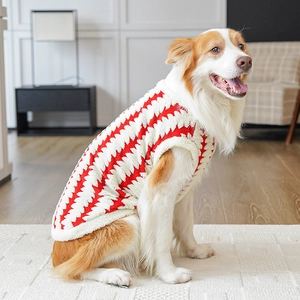 Detail of a red and white wavy pattern plush dog sweater on a Border Collie