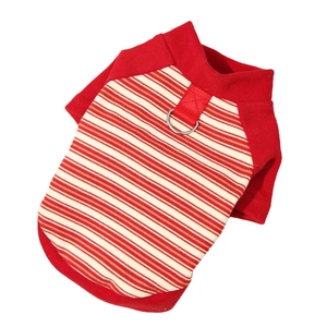 Striped pet t-shirt with red and white patterns and a metal D-ring for leash attachment