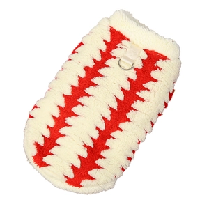 Warm red and white plush dog vest with reinforced D-ring for leash attachment
