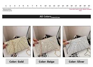 Tre eleganti borse da sera con perle e strass nei colori oro, beige e argento per eventi