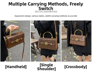 Brown PU leather square bag showing handheld, shoulder and crossbody wearing methods