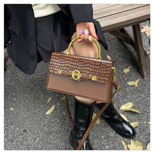 Detail of a brown crocodile pattern crossbody bag with a gold M-buckle and metal handle