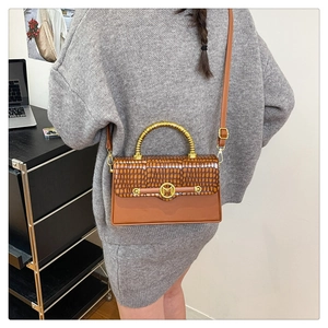 Detailed shot of brown crocodile embossed box bag with gold bamboo handle and M clasp