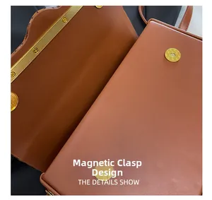 Close-up of golden magnetic buckle closure on brown PU leather crossbody bag