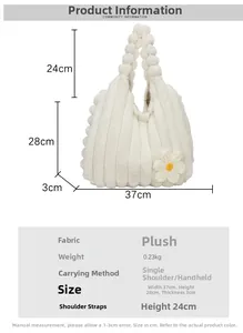 Detail shot of white plush tote bag with daisy appliqué and specific dimensions