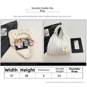 Detailed size chart for the large plush tote bag with precise dimensions and measurement notes