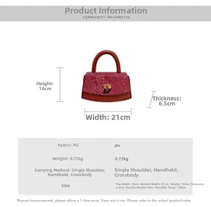 Detailed dimensions of snakeskin textured handbag with metal D buckle and strap