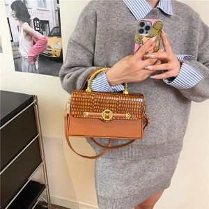Orange-brown crocodile pattern mini box bag with gold metal handle and M buckle for women