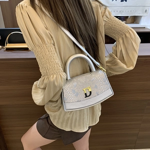 Detailed view of a silver faux snake skin crossbody bag with a metal D logo worn by a model