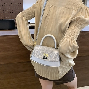Close-up of silver snake-pattern handbag featuring a metallic D-logo and top handle