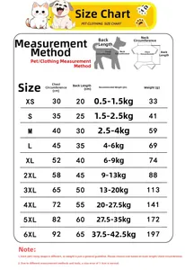 Detailed size chart for striped polo pet shirts, listing chest and back measurements