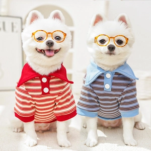 Striped polo pet shirts for cats and dogs in red-white and blue-brown cotton fabric
