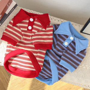 Detail of striped pet Polo shirts with ribbed cuffs and two-button collar design