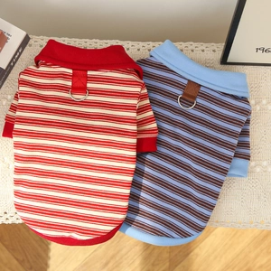 Striped pet polo shirt for cats and dogs with built-in harness D-ring and soft ribbed collar